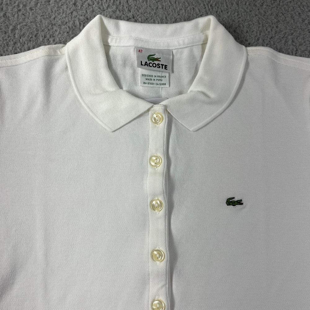 Lacoste Polo Shirt Women L/10 White Pique Stretch Short Sleeve Button Up VTG NWT - Picture 3 of 11